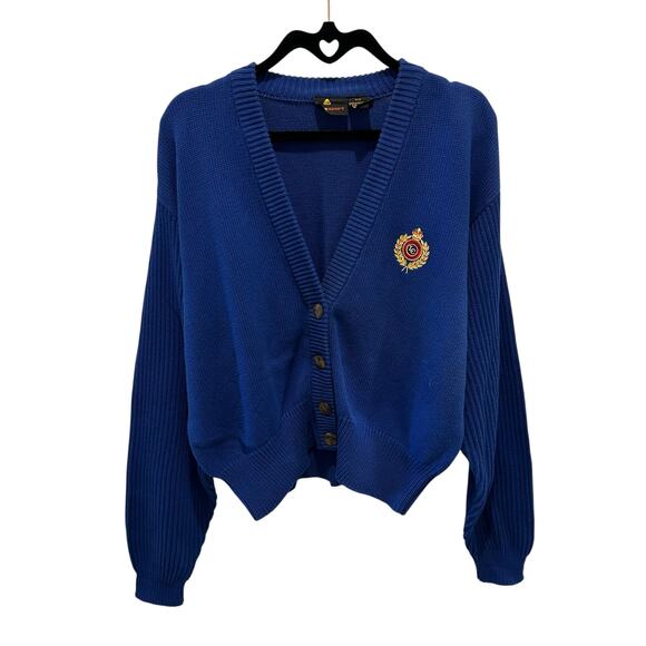 Vintage Lizsport Blue V Neck Button Up Cotton Cardigan Sweater Womens Medium - Picture 1 of 4